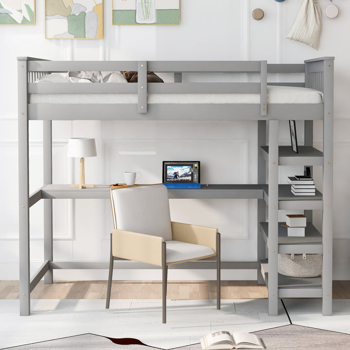 Twin Loft Bed with Desk and Shelves for Small Rooms