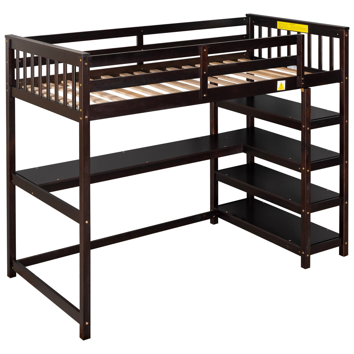 Twin Loft Bed with Desk and Shelves, Espresso Wood