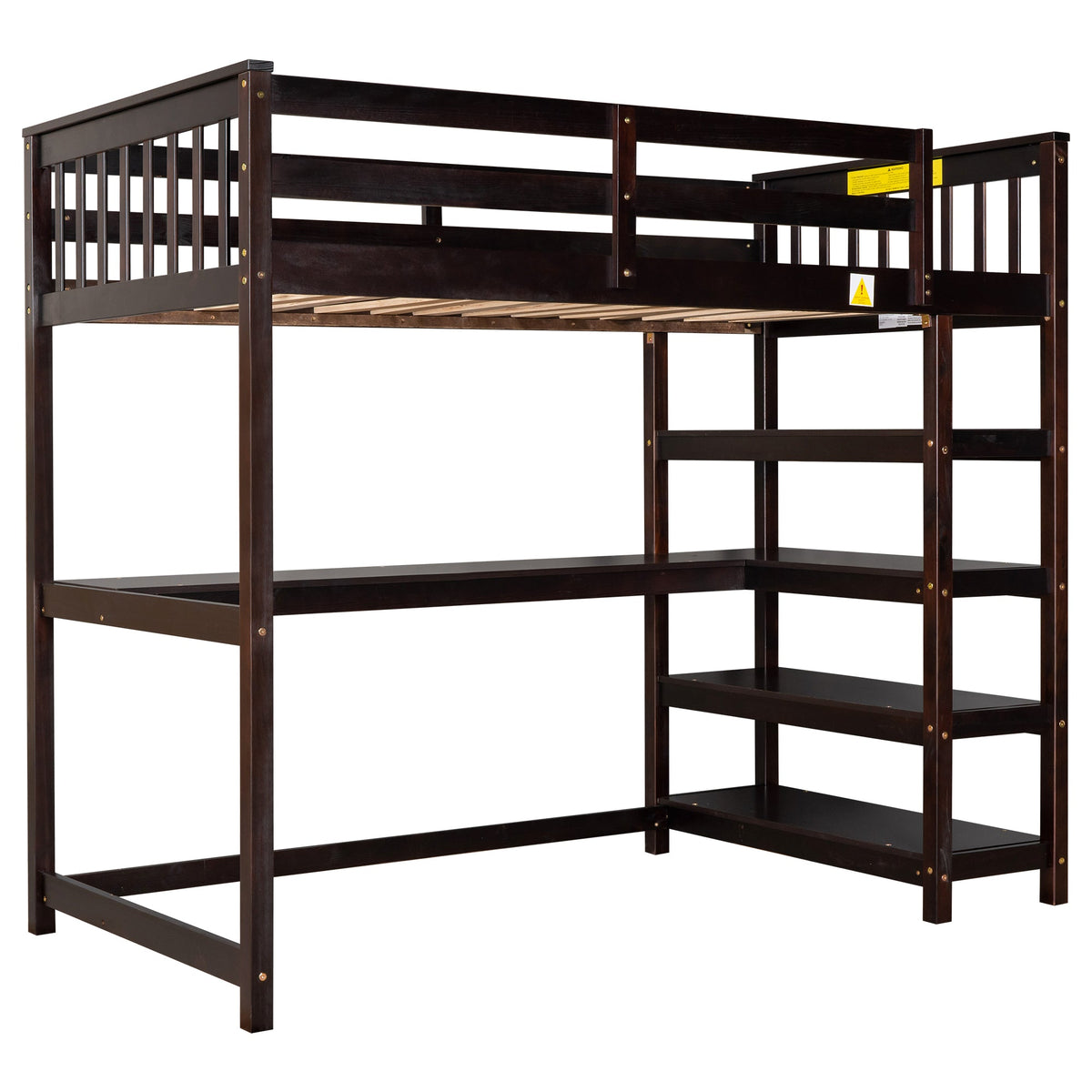 Twin Loft Bed with Desk and Shelves, Espresso Wood