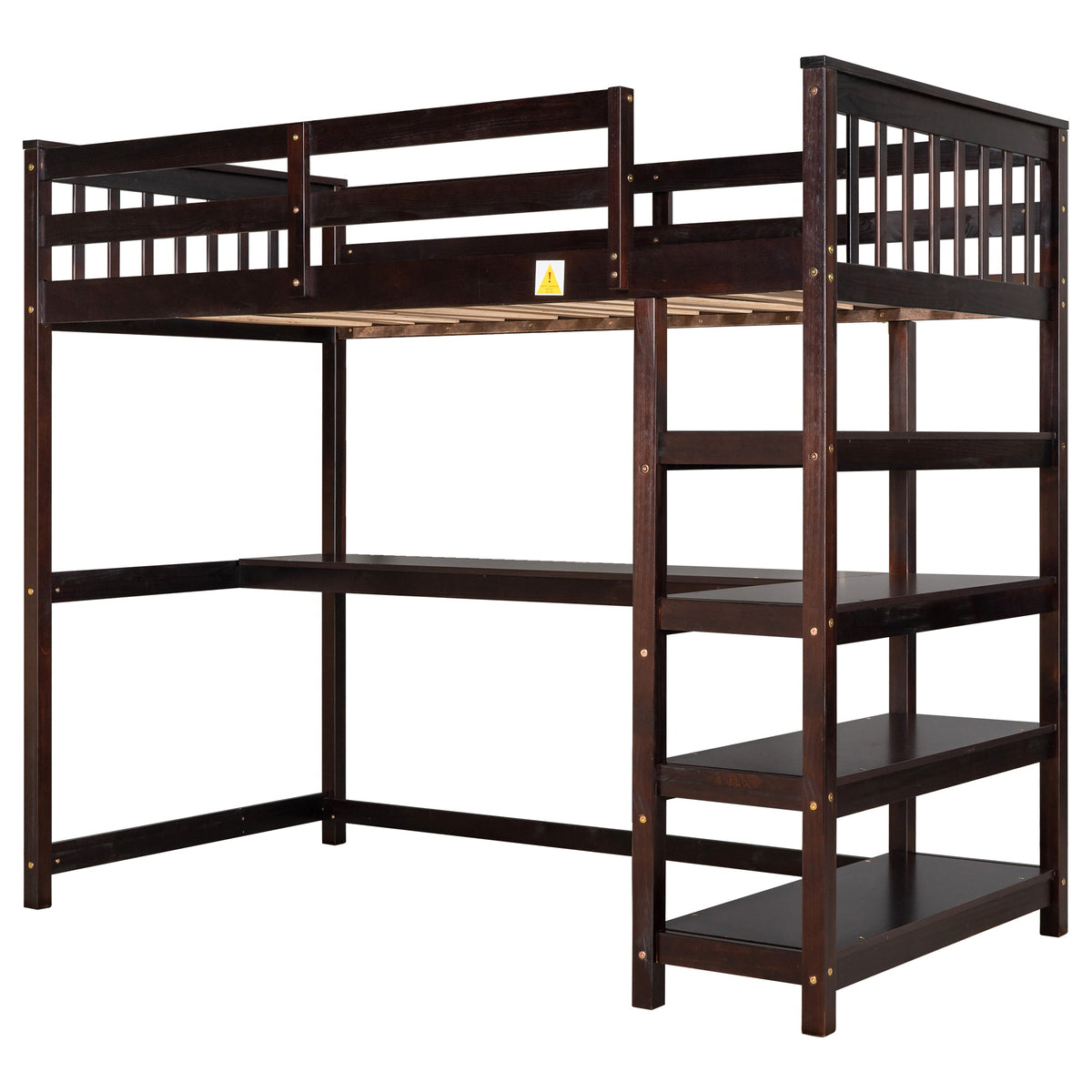 Twin Loft Bed with Desk and Shelves, Espresso Wood