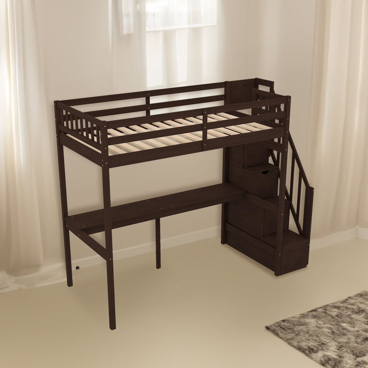 Twin Loft Bed with Storage Staircase and Built-in Desk