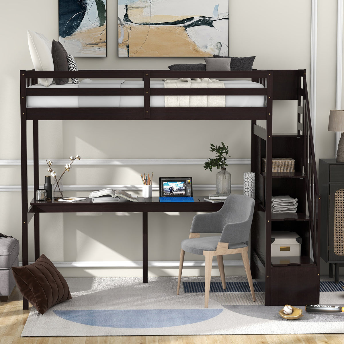 Twin Loft Bed with Storage Staircase and Built-in Desk