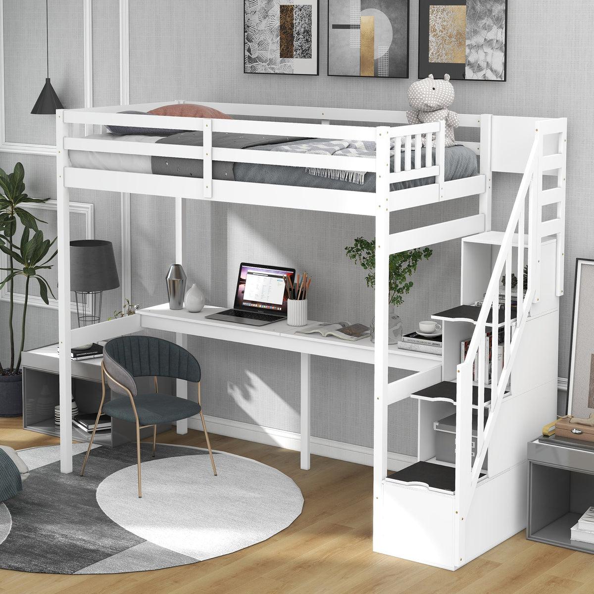 Twin Loft Bed with Storage Staircase and Desk