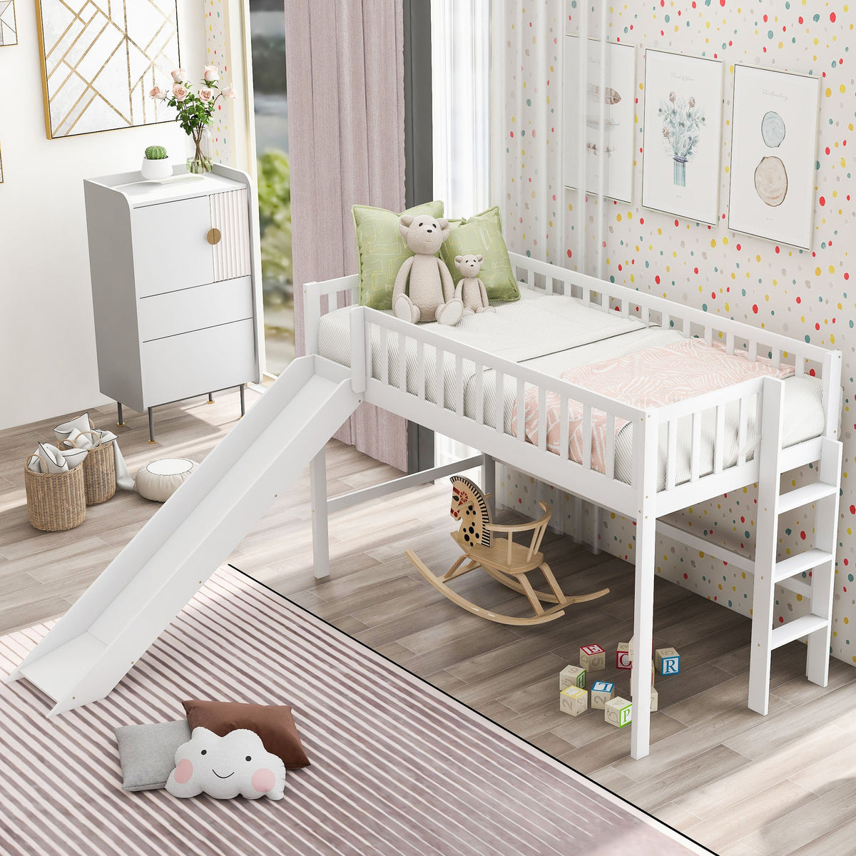 Twin Low Loft Bed with Slide and Ladder, White