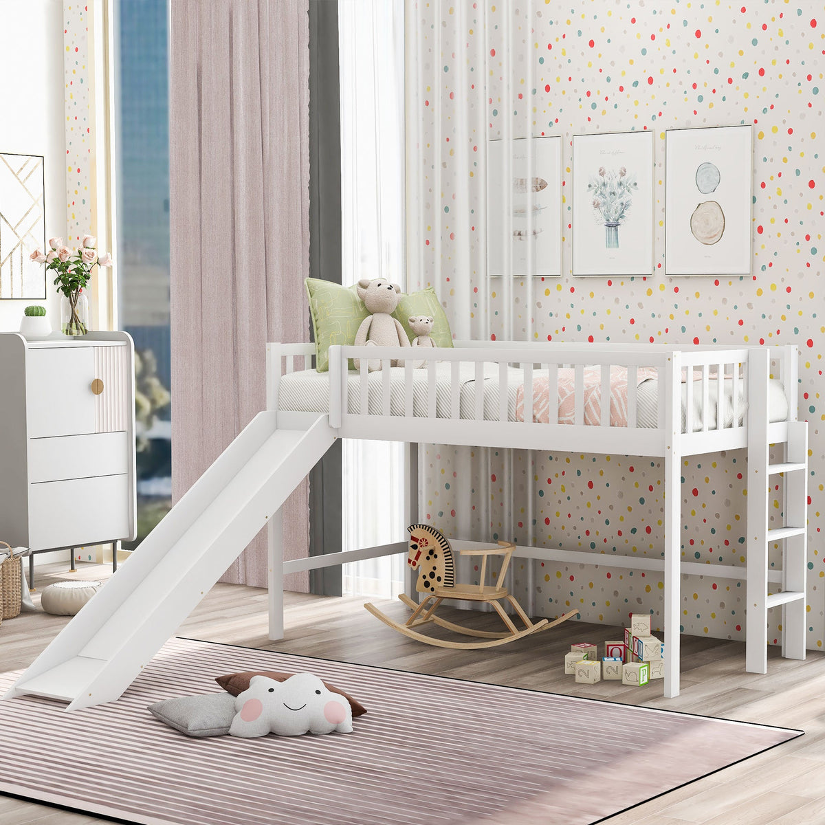 Twin Low Loft Bed with Slide and Ladder, White