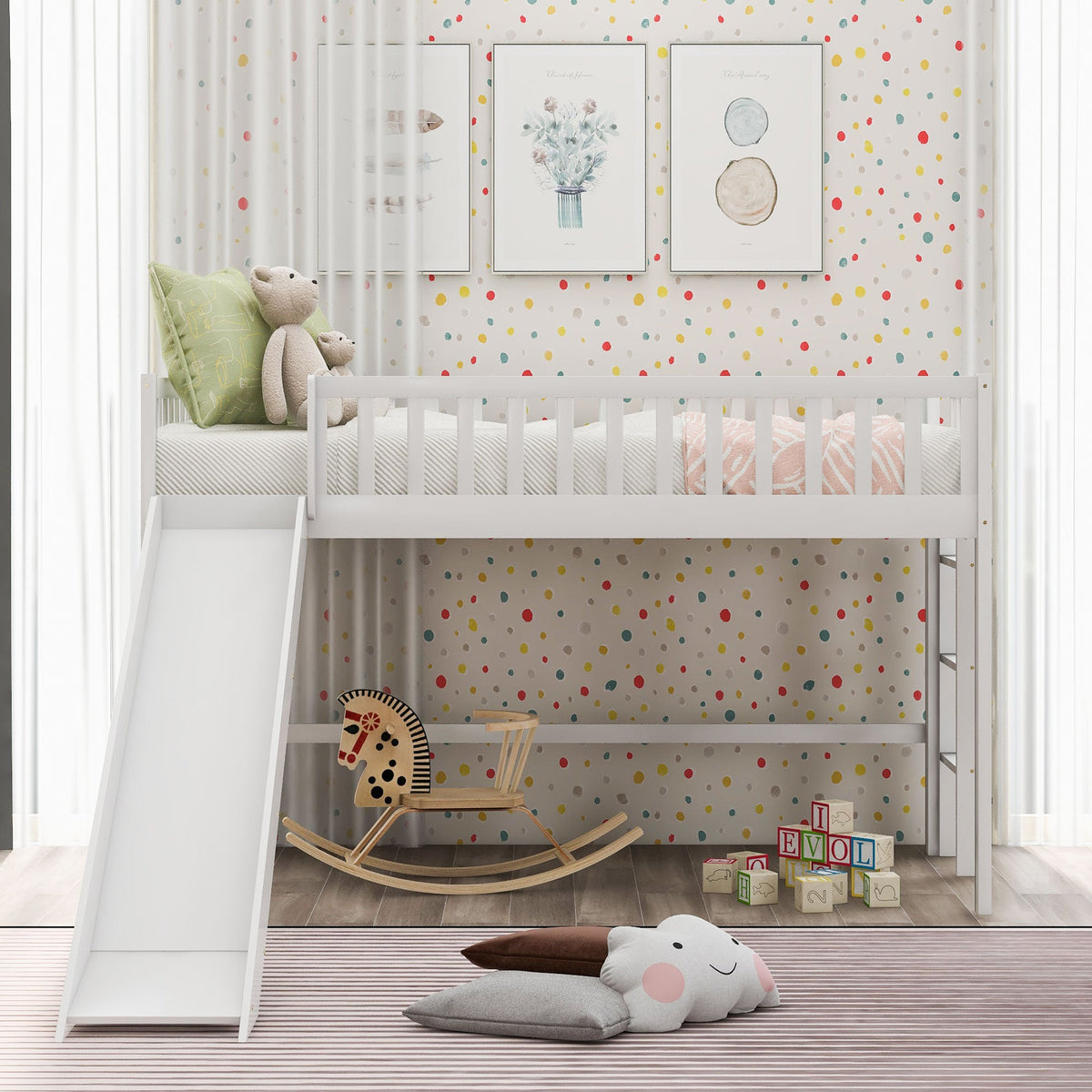Twin Low Loft Bed with Slide and Ladder, White