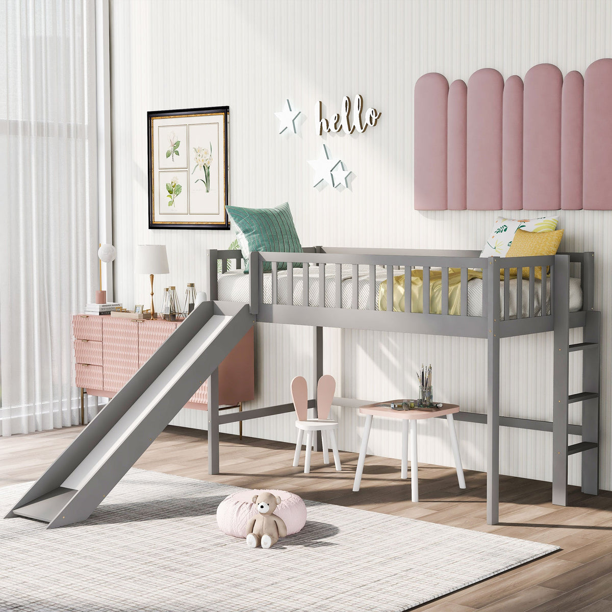 Twin Low Loft Bed with Slide and Ladder, Gray