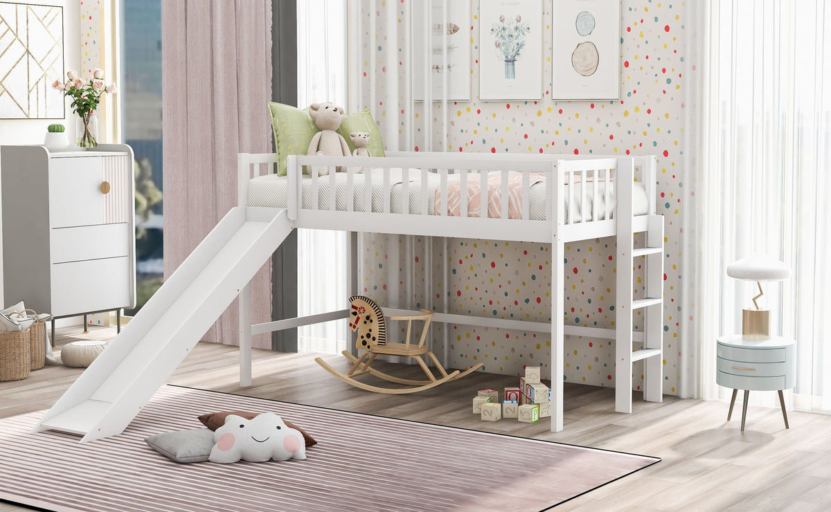 Twin Low Loft Bed with Slide and Ladder, White