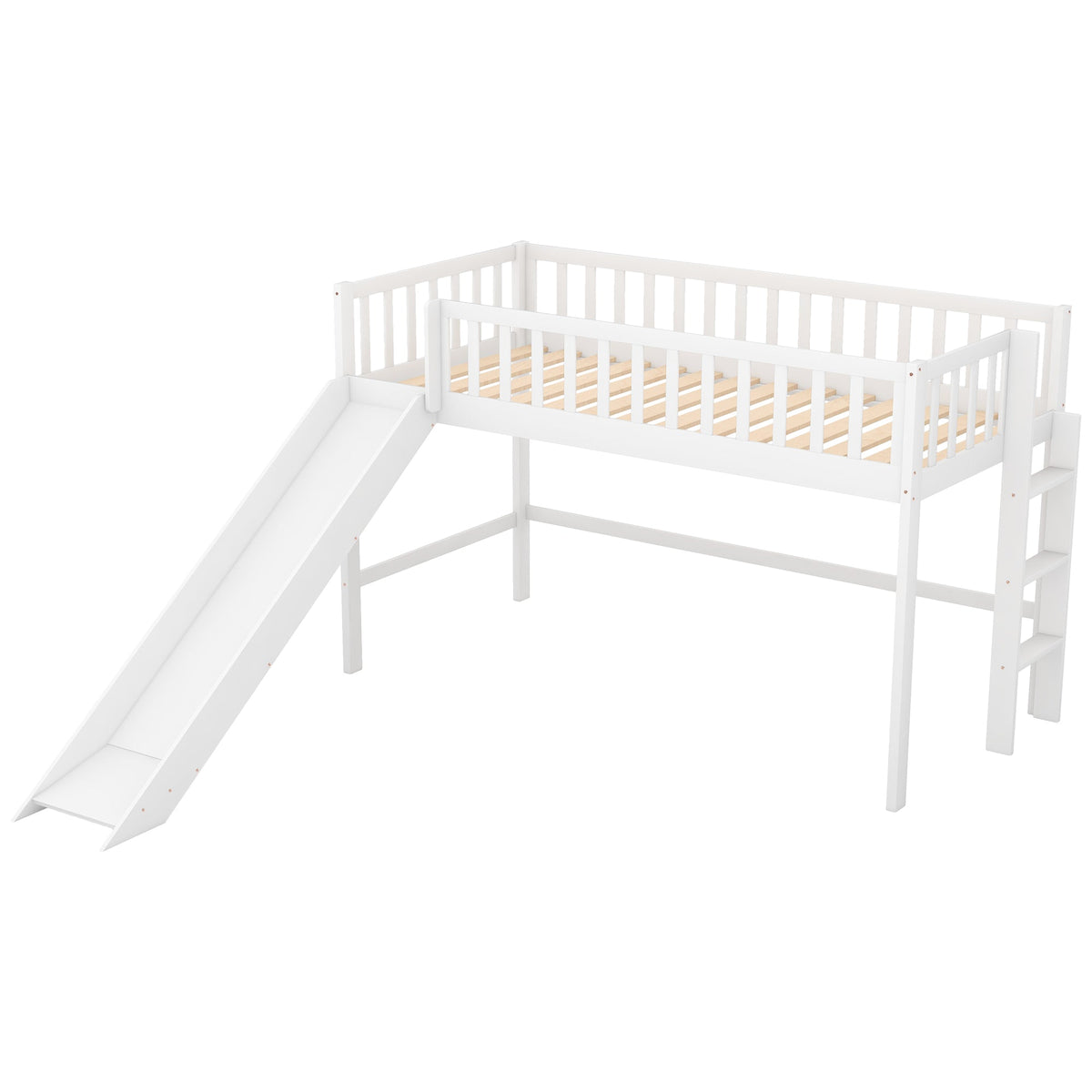 Twin Low Loft Bed with Slide and Ladder, White