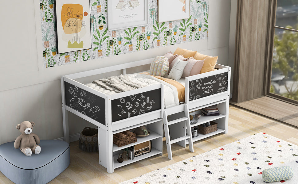 Low Loft Bed with Chalkboard Guardrail and Shelves