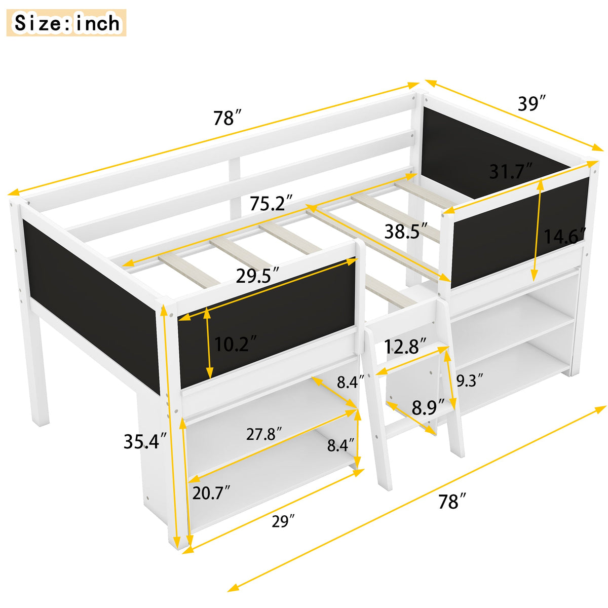 Low Loft Bed with Chalkboard Guardrail and Shelves