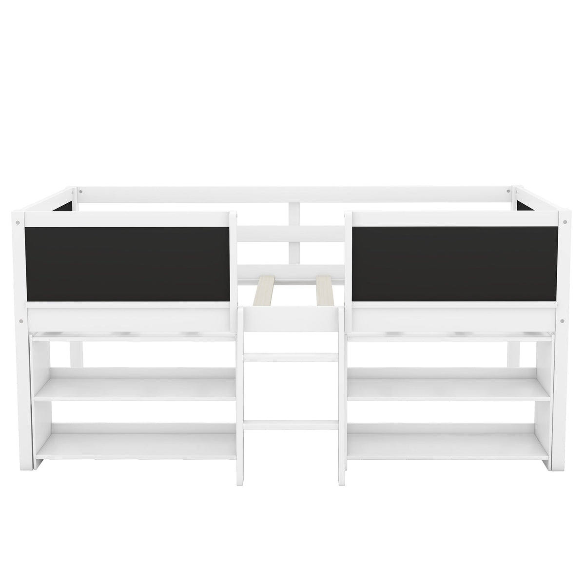 Low Loft Bed with Chalkboard Guardrail and Shelves