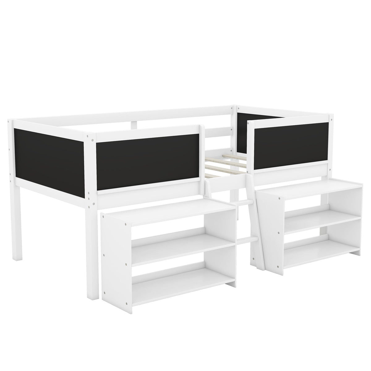 Low Loft Bed with Chalkboard Guardrail and Shelves