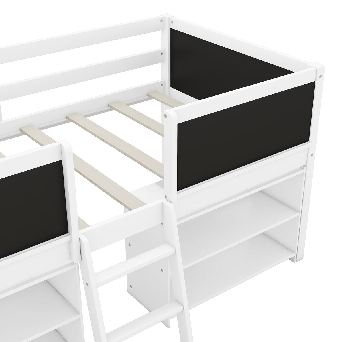Low Loft Bed with Chalkboard Guardrail and Shelves