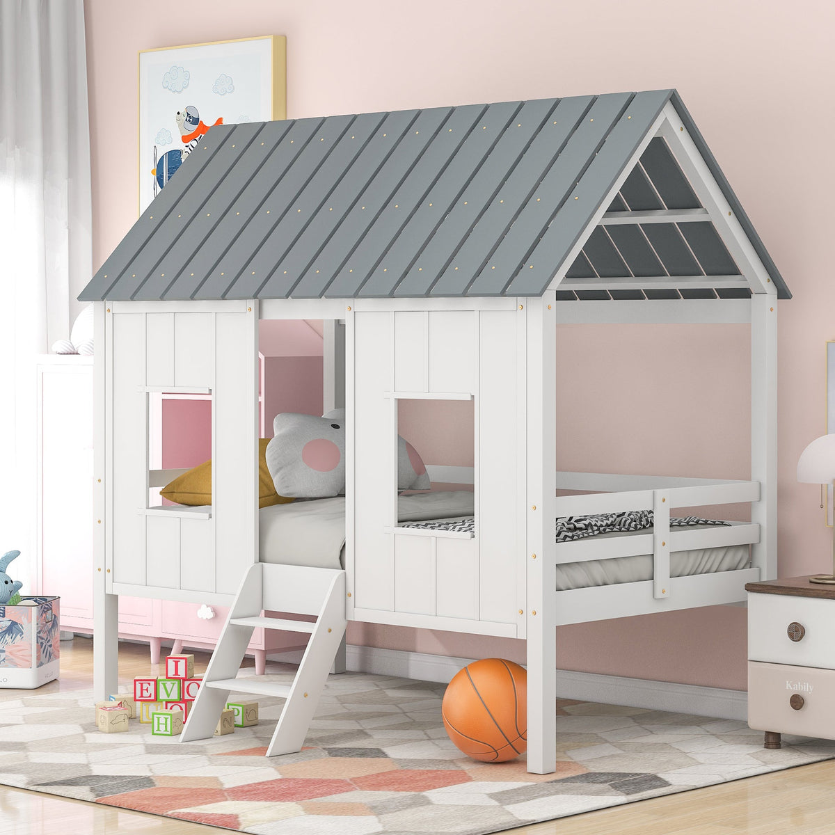 Twin Loft Bed with Playhouse Roof for Kids' Rooms
