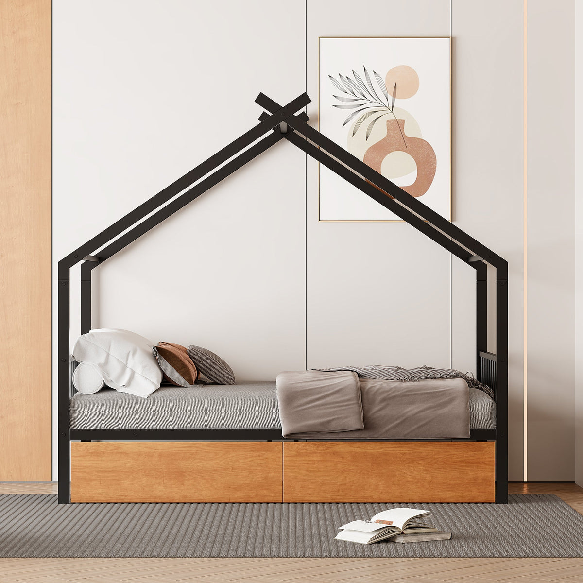 Twin Metal House Bed with 2 Rolling Storage Drawers
