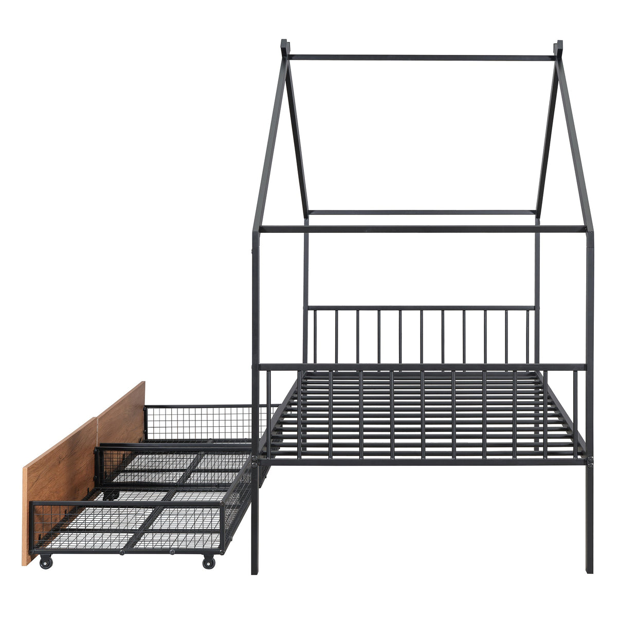 Twin Metal House Bed with 2 Rolling Storage Drawers