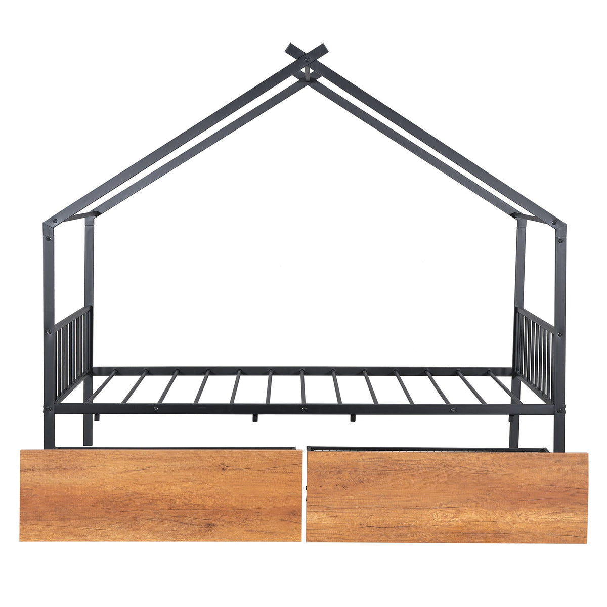 Twin Metal House Bed with 2 Rolling Storage Drawers