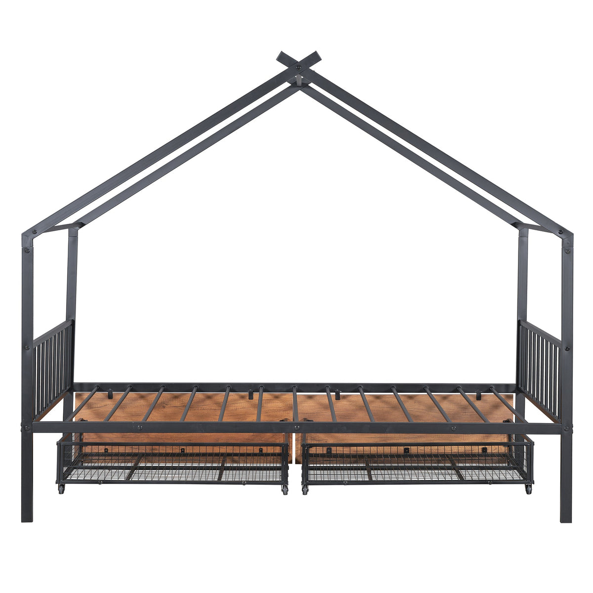 Twin Metal House Bed with 2 Rolling Storage Drawers