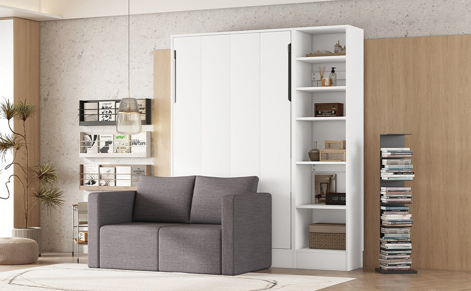 Twin Murphy Wall Bed with Sofa and Shelves in White