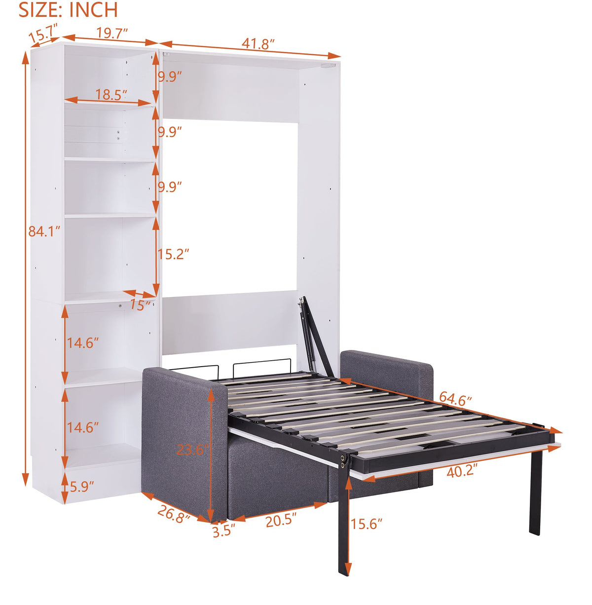 Twin Murphy Wall Bed with Sofa and Shelves in White