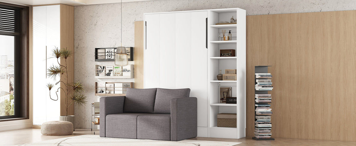 Twin Murphy Wall Bed with Sofa and Shelves in White