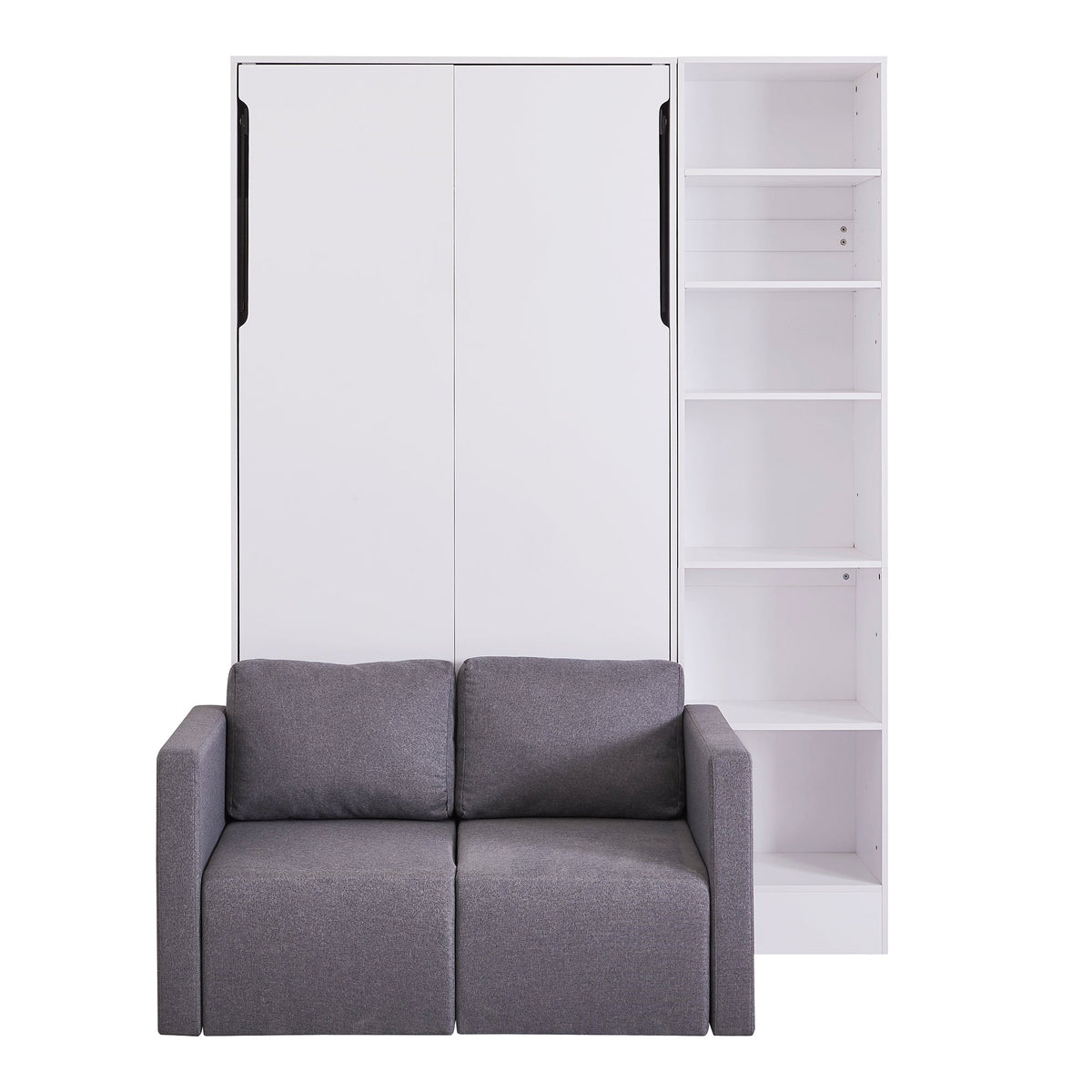 Twin Murphy Wall Bed with Sofa and Shelves in White