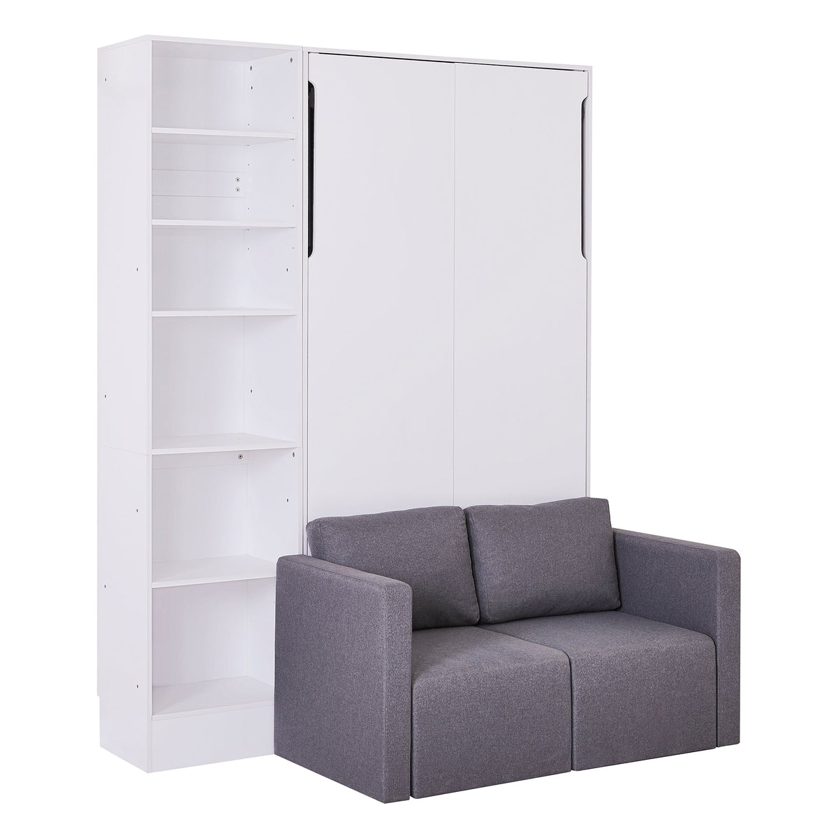 Twin Murphy Wall Bed with Sofa and Shelves in White