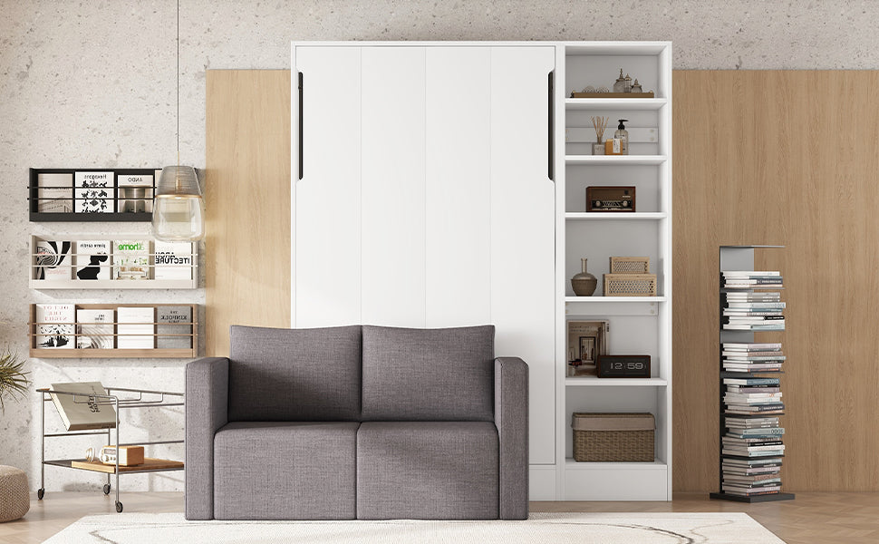 Twin Murphy Wall Bed with Sofa and Shelves in White