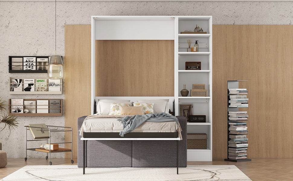 Twin Murphy Wall Bed with Sofa and Shelves in White