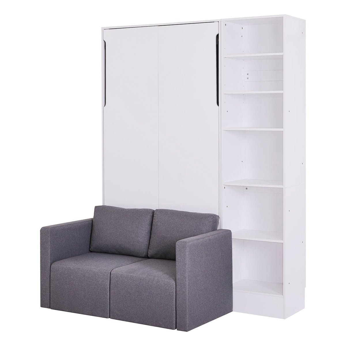 Twin Murphy Wall Bed with Sofa and Shelves in White