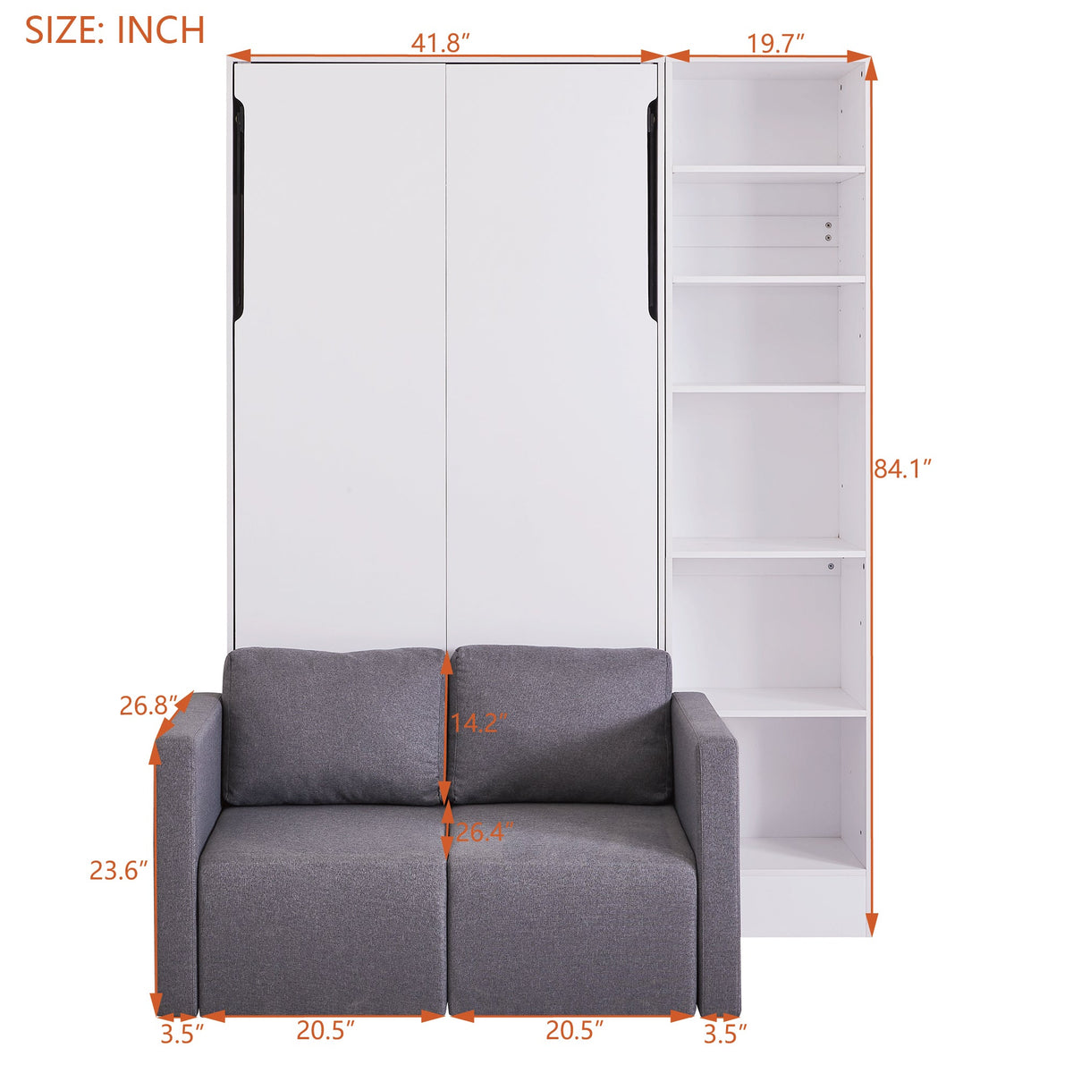 Twin Murphy Wall Bed with Sofa and Shelves in White