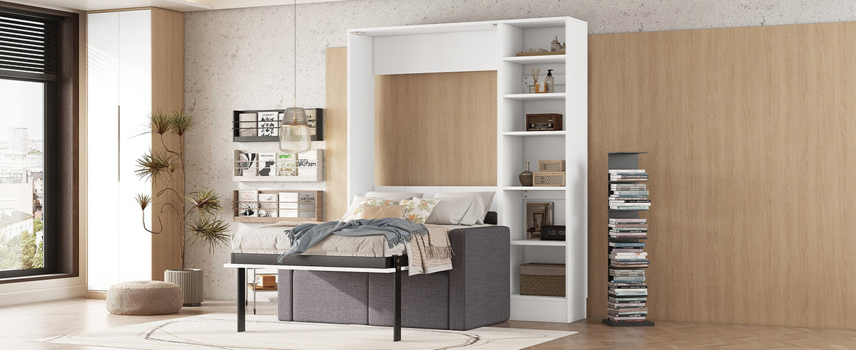 Twin Murphy Wall Bed with Sofa and Shelves in White