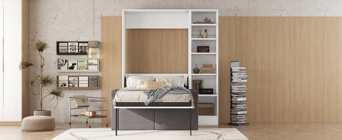 Twin Murphy Wall Bed with Sofa and Shelves in White