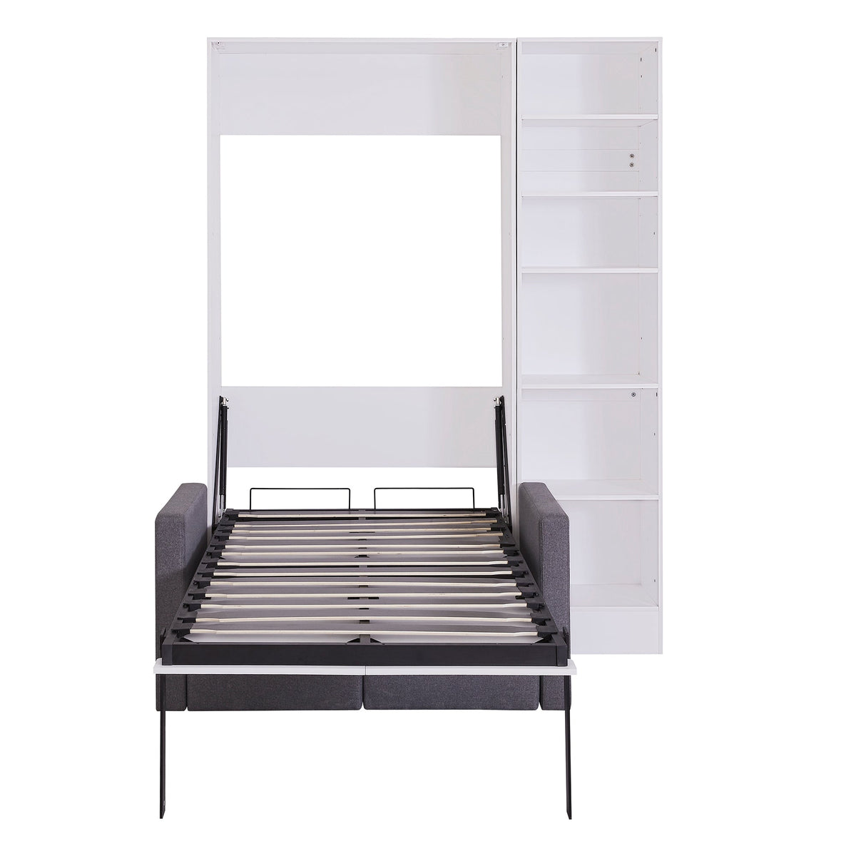 Twin Murphy Wall Bed with Sofa and Shelves in White