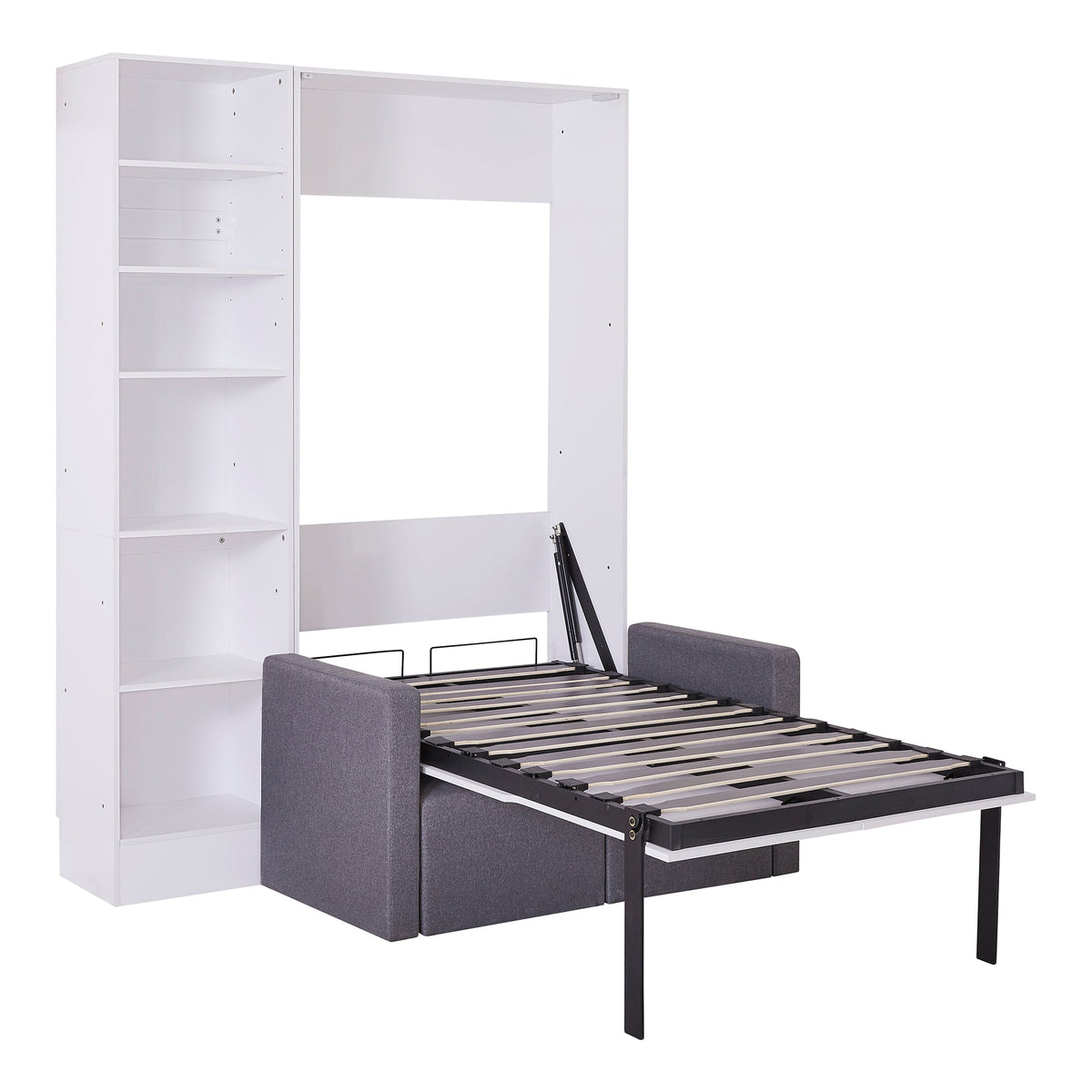 Twin Murphy Wall Bed with Sofa and Shelves in White
