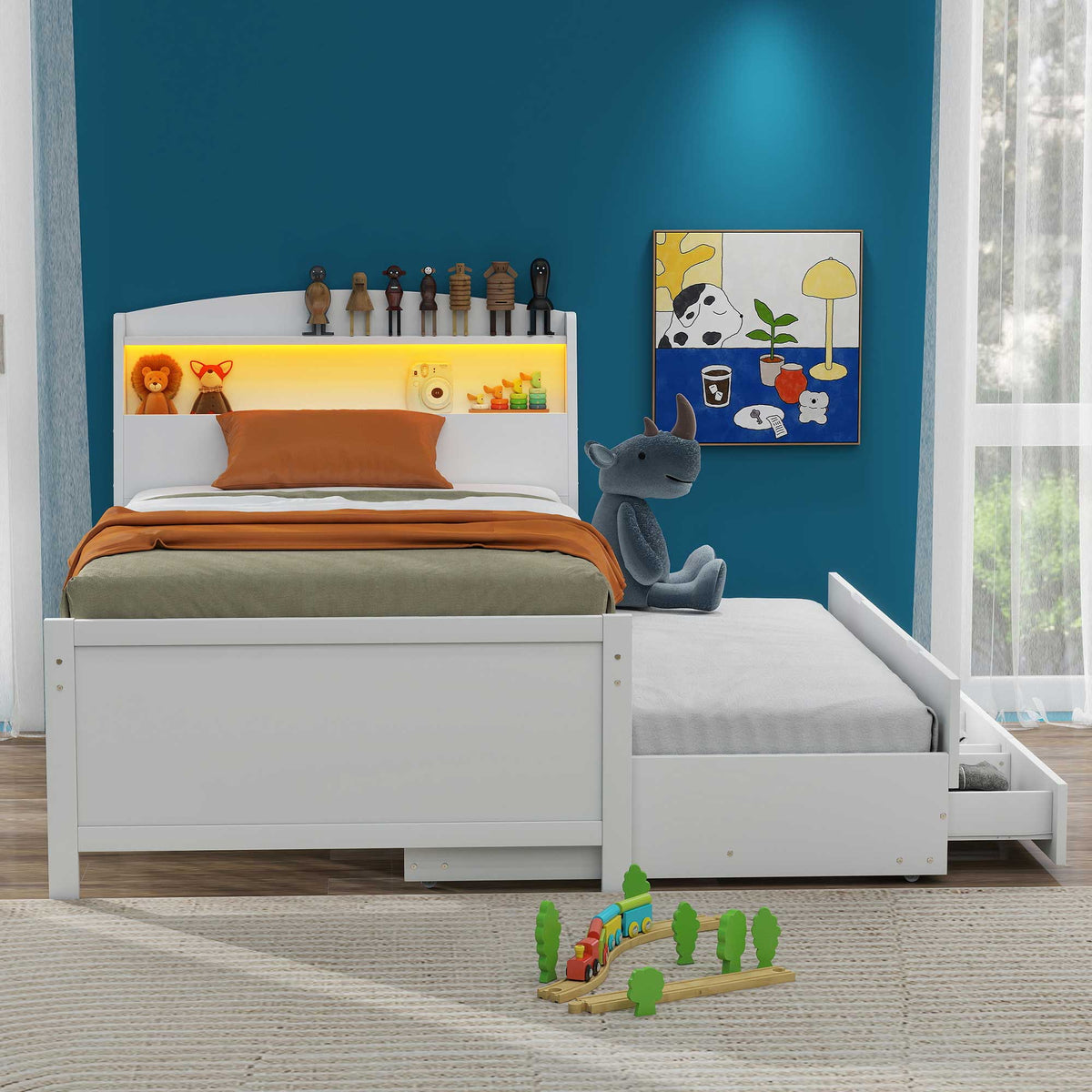 Twin Platform Bed with Trundle, LED Headboard & Drawers