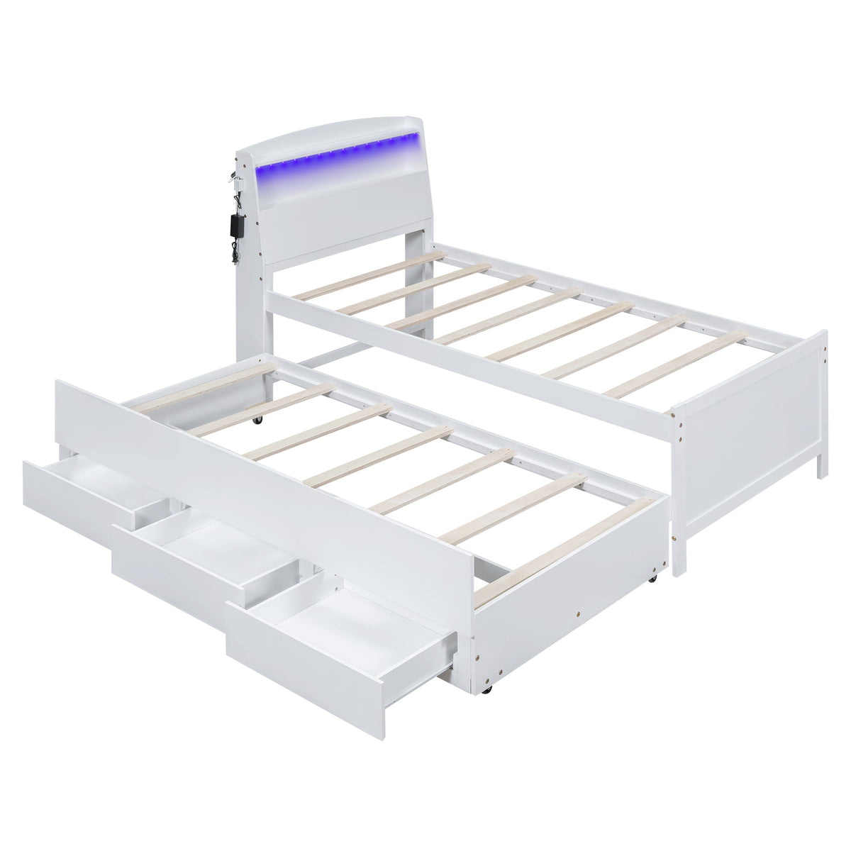 Twin Platform Bed with Trundle, LED Headboard & Drawers