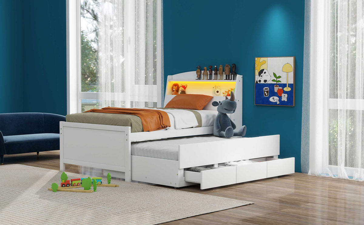Twin Platform Bed with Trundle, LED Headboard & Drawers
