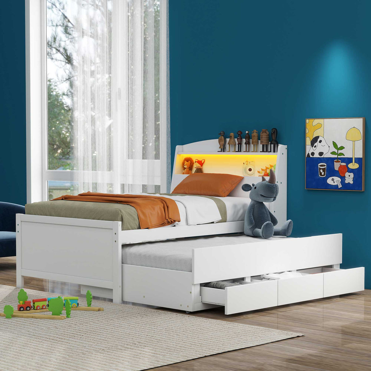 Twin Platform Bed with Trundle, LED Headboard & Drawers