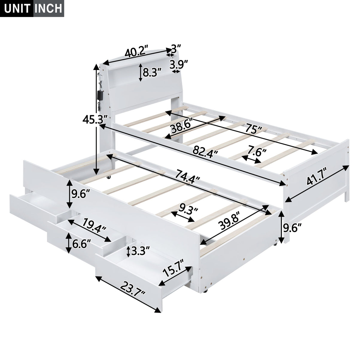 Twin Platform Bed with Trundle, LED Headboard & Drawers