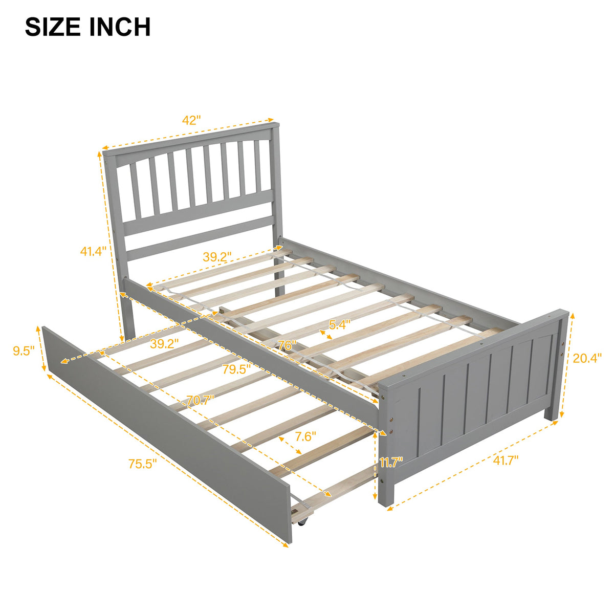 Twin Platform Bed with Trundle, Gray Solid Wood Frame