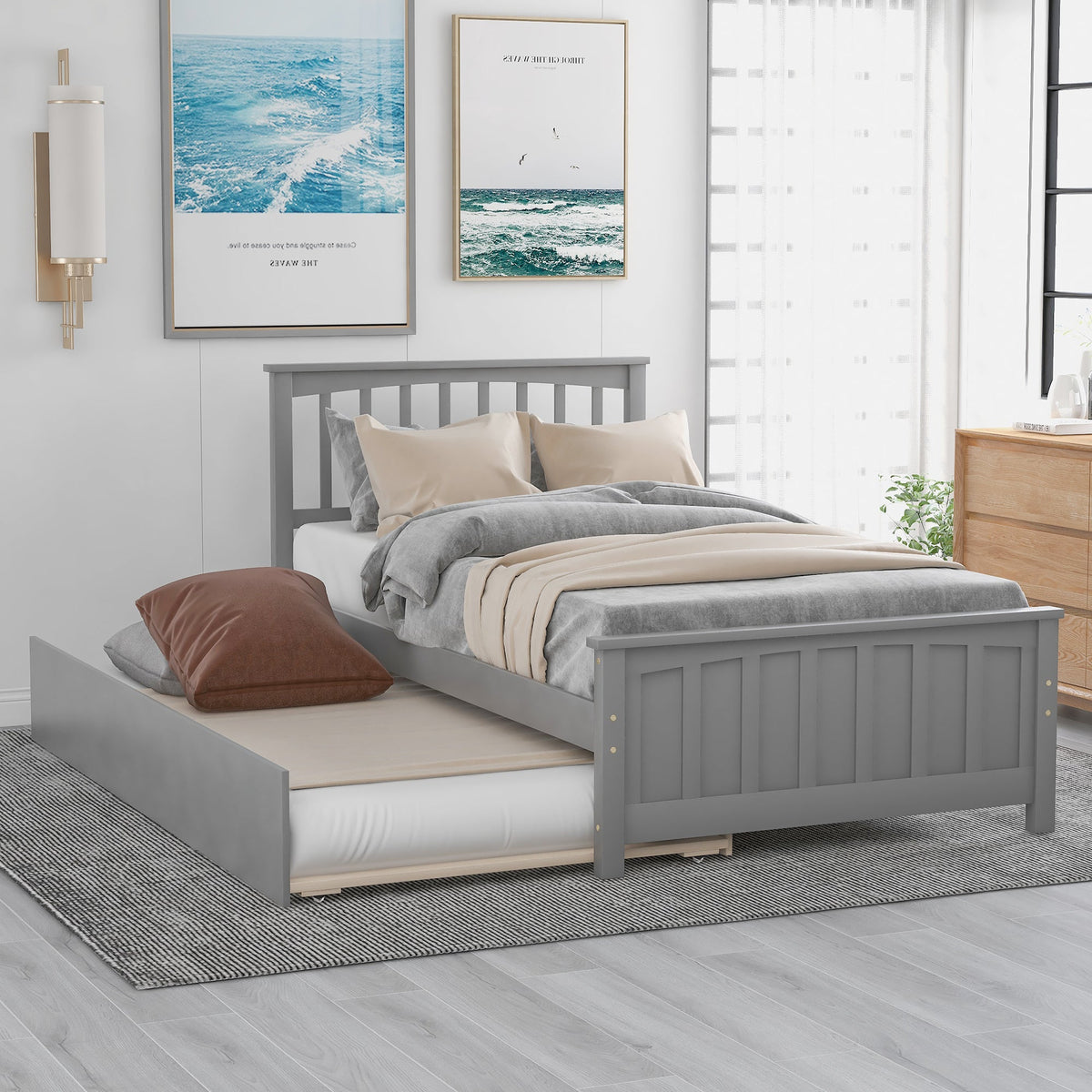 Twin Platform Bed with Trundle, Gray Solid Wood Frame