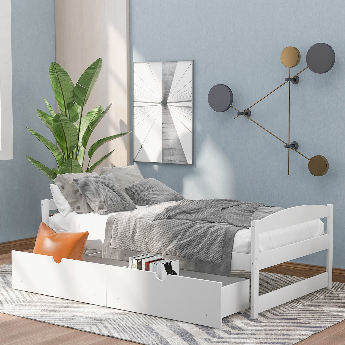 Twin Platform Bed with Drawers, White Wood Frame