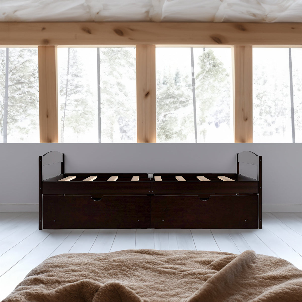 Twin Platform Bed with Drawers, Espresso Wood Frame