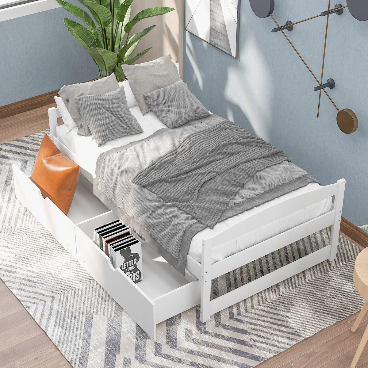 Twin Platform Bed with Drawers, White Wood Frame