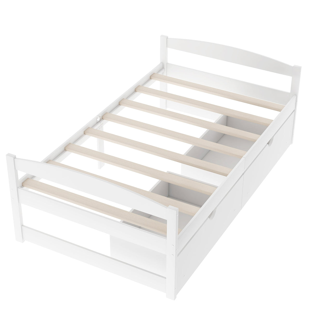 Twin Platform Bed with Drawers, White Wood Frame