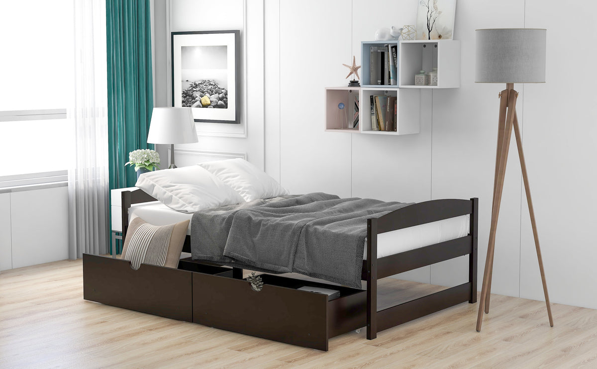 Twin Platform Bed with Drawers, Espresso Wood Frame