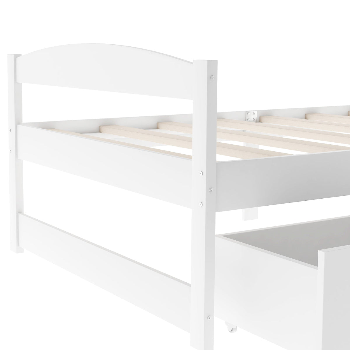 Twin Platform Bed with Drawers, White Wood Frame