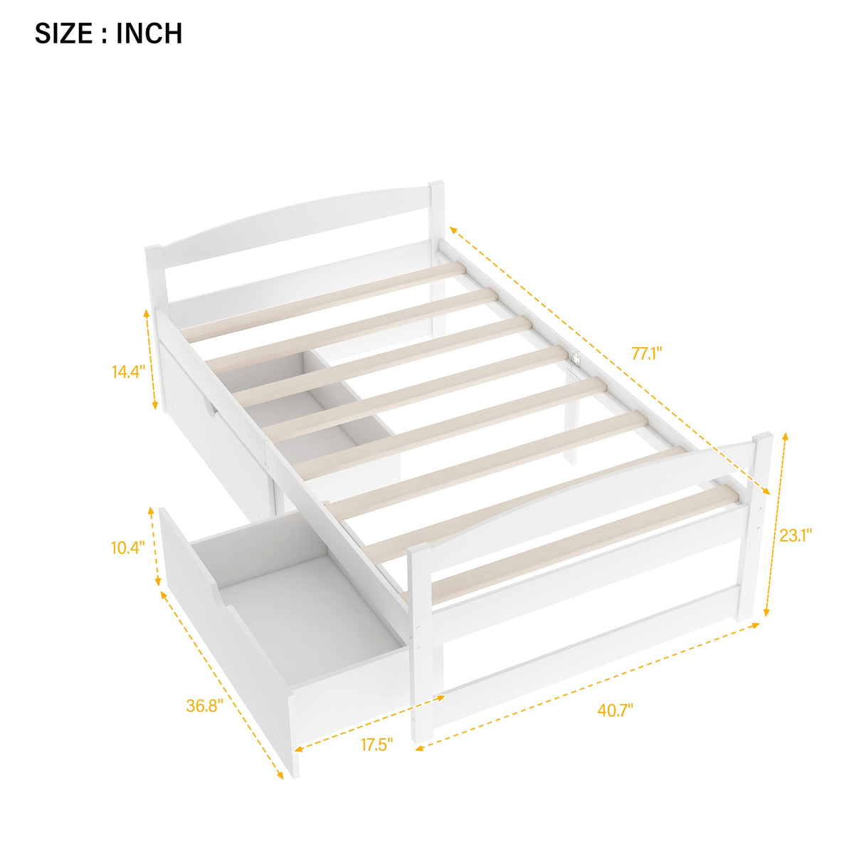 Twin Platform Bed with Drawers, White Wood Frame